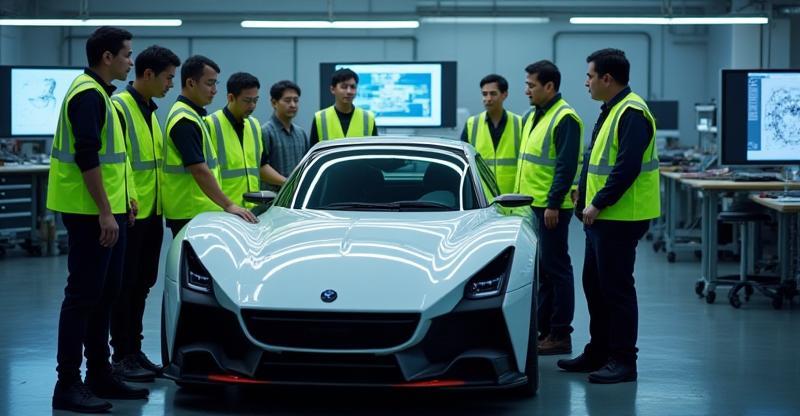 Nihon Auto Dynamics engineers meeting around a vehicle prototype